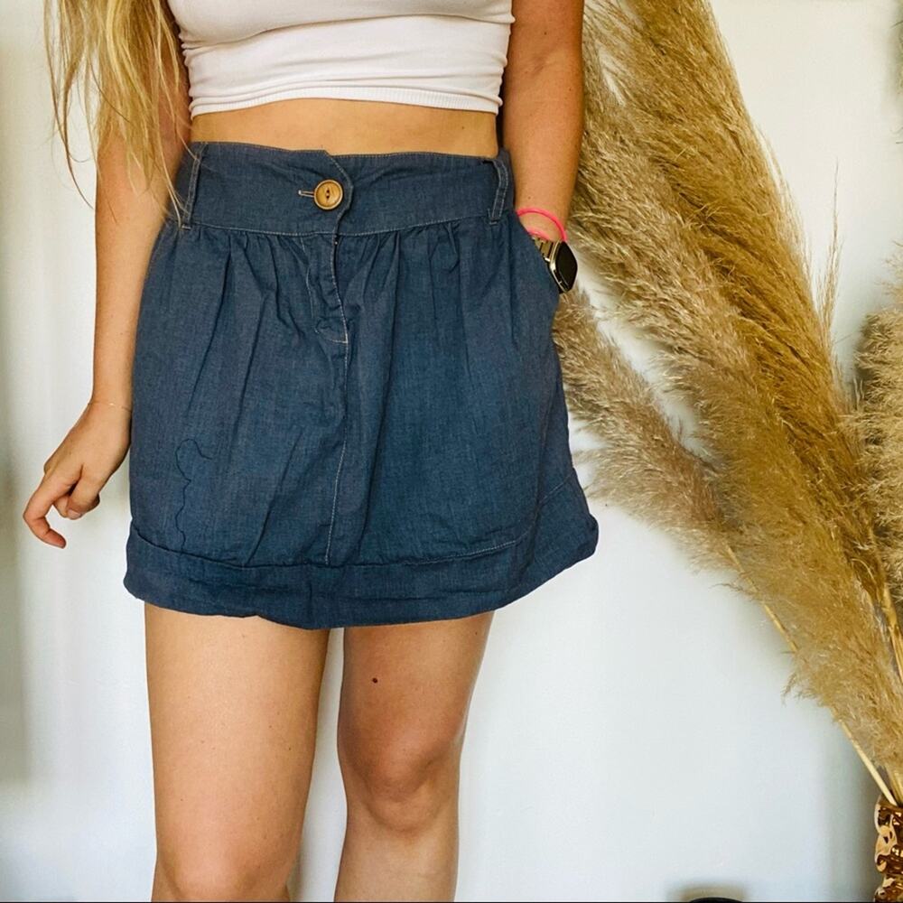 VINTAGE Y2K Blue Denim Chambray Mini Skirt High Low Rise Button Loose Flowy L